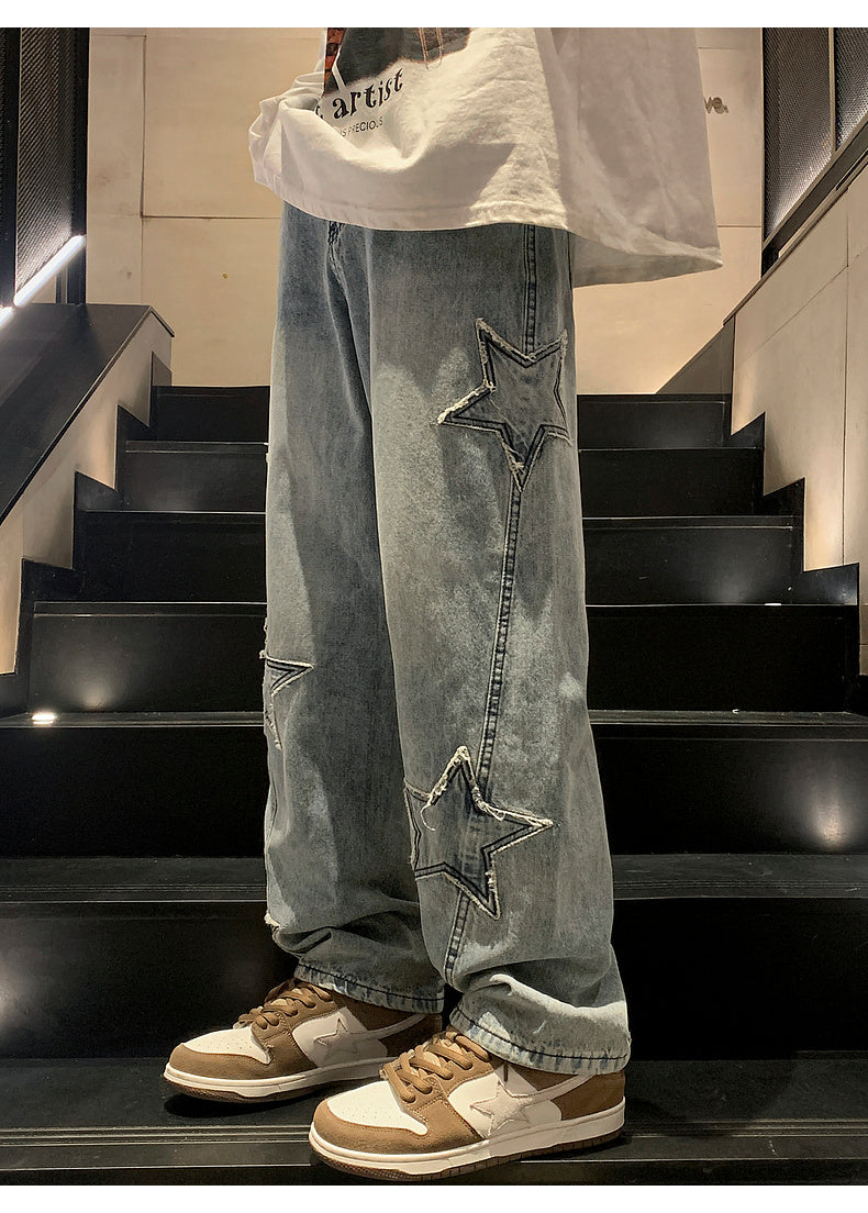 Star Embroidery Straight Casual Men Jeans, Gothic Neutral New Wide Leg Jeans, Loose Hip-hop Fashion Pants, Youth Streetwear Denim Trousers, Y2K Jeans