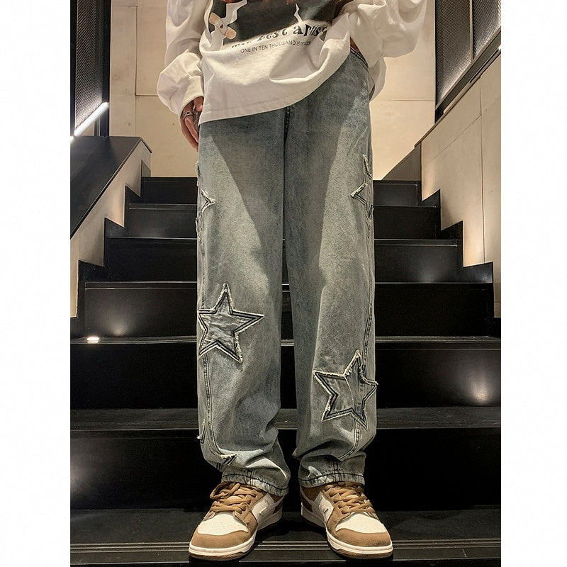 Star Embroidery Straight Casual Men Jeans, Gothic Neutral New Wide Leg Jeans, Loose Hip-hop Fashion Pants, Youth Streetwear Denim Trousers, Y2K Jeans