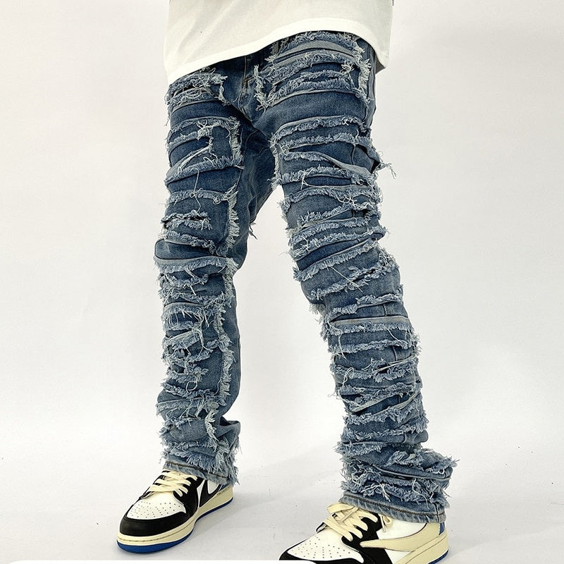 Retro Hole Ripped Distressed Jeans for Men, Straight Washed Hip Hop Loose Denim Trousers, Casual Jean Pants