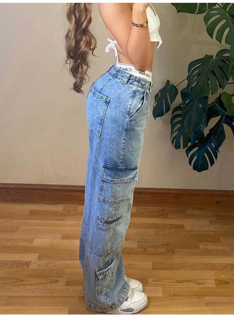 High Waist Straight Baggy Jeans, Aesthetic Vintage Cargo Women Pants, Y2k Jeans, Casual Chic Fake Zippers Pocket Female Trousers