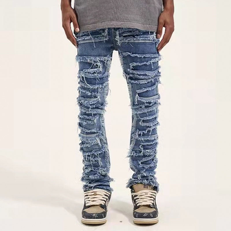 Retro Hole Ripped Distressed Jeans for Men, Straight Washed Hip Hop Loose Denim Trousers, Casual Jean Pants