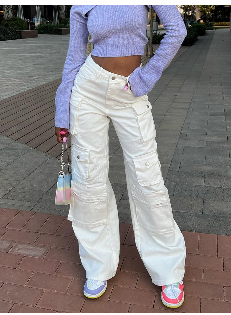 White High Waist Baggy Jeans, Flap Pocket Jeans, Relaxed Fit Straight Wide Leg Y2K Pants, Fashion Cargo Jeans, Casual Slim Loose Trousers