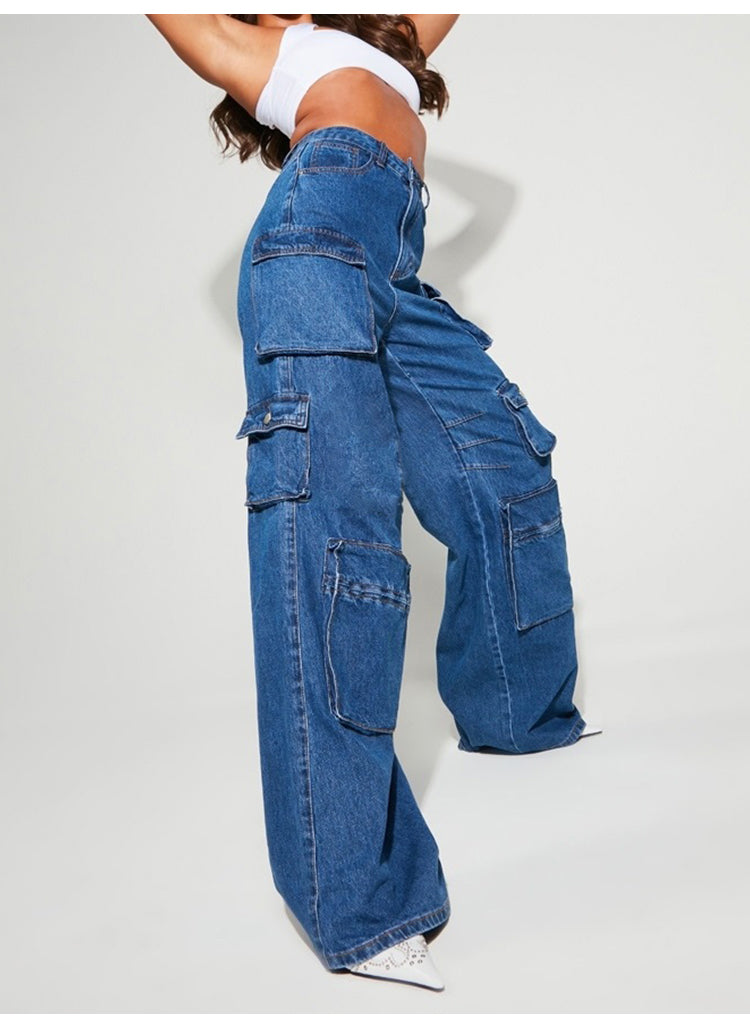 Blue High Waist Baggy Jeans, Flap Pocket Jeans, Relaxed Fit Straight Wide Leg Y2K Pants, Fashion Cargo Jeans, Casual Slim Loose Trousers