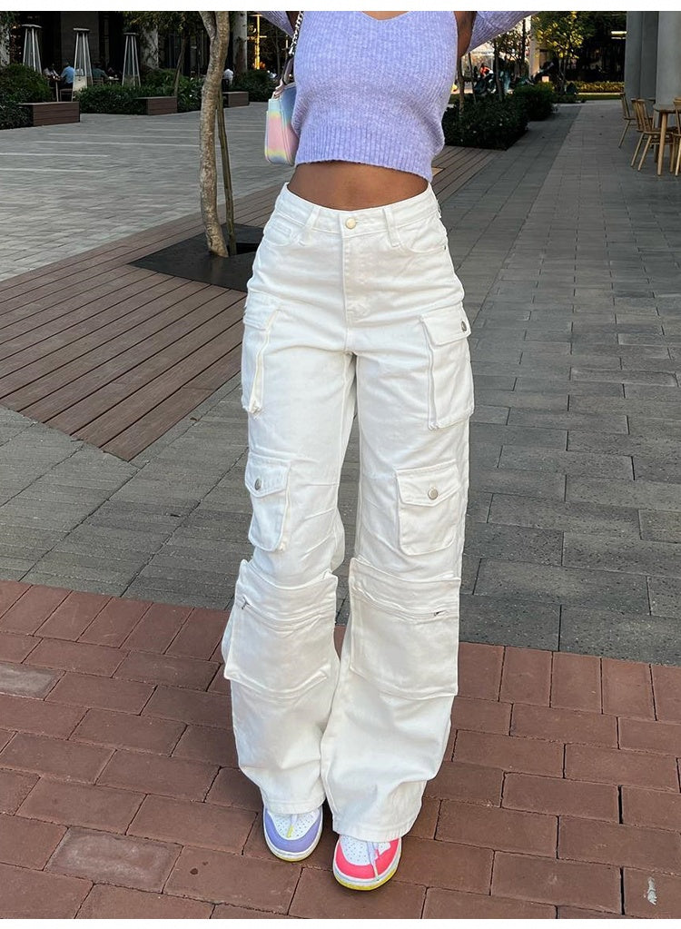 White High Waist Baggy Jeans, Flap Pocket Jeans, Relaxed Fit Straight Wide Leg Y2K Pants, Fashion Cargo Jeans, Casual Slim Loose Trousers