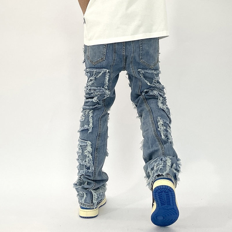 Retro Hole Ripped Distressed Jeans for Men, Straight Washed Hip Hop Loose Denim Trousers, Casual Jean Pants