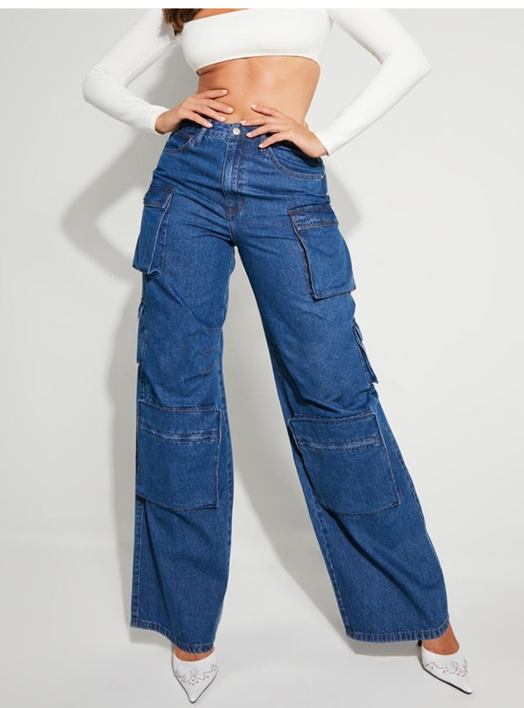 Blue High Waist Baggy Jeans, Flap Pocket Jeans, Relaxed Fit Straight Wide Leg Y2K Pants, Fashion Cargo Jeans, Casual Slim Loose Trousers