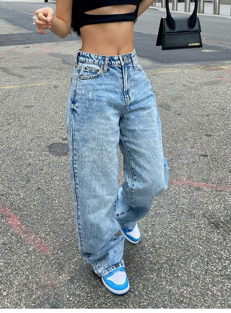 High Waist Jeans, Women Baggy Jeans, Straight Leg Pants, Y2k Denim Trousers, Vintage Loose Blue Washed Mom Jeans