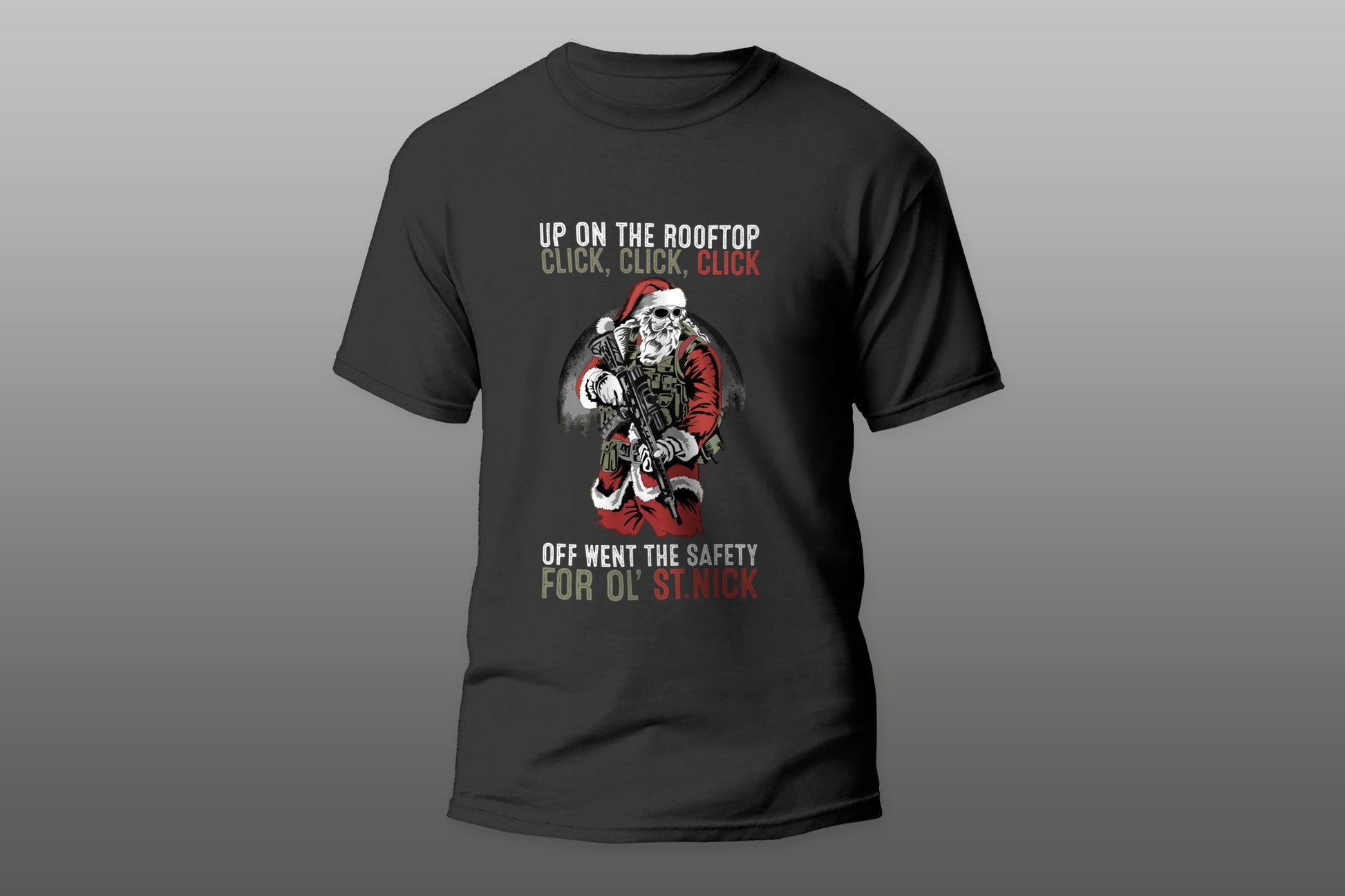 Santa Clous with gun funny gift camiseta T-shirt - Top Content | POD Collection | Free Shipping