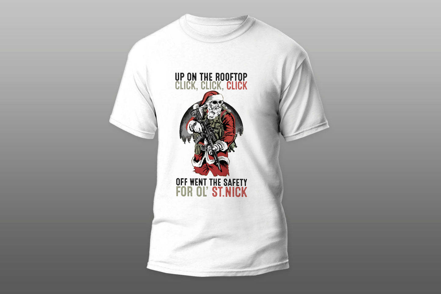 Santa Clous with gun funny gift camiseta T-shirt - Top Content | POD Collection | Free Shipping