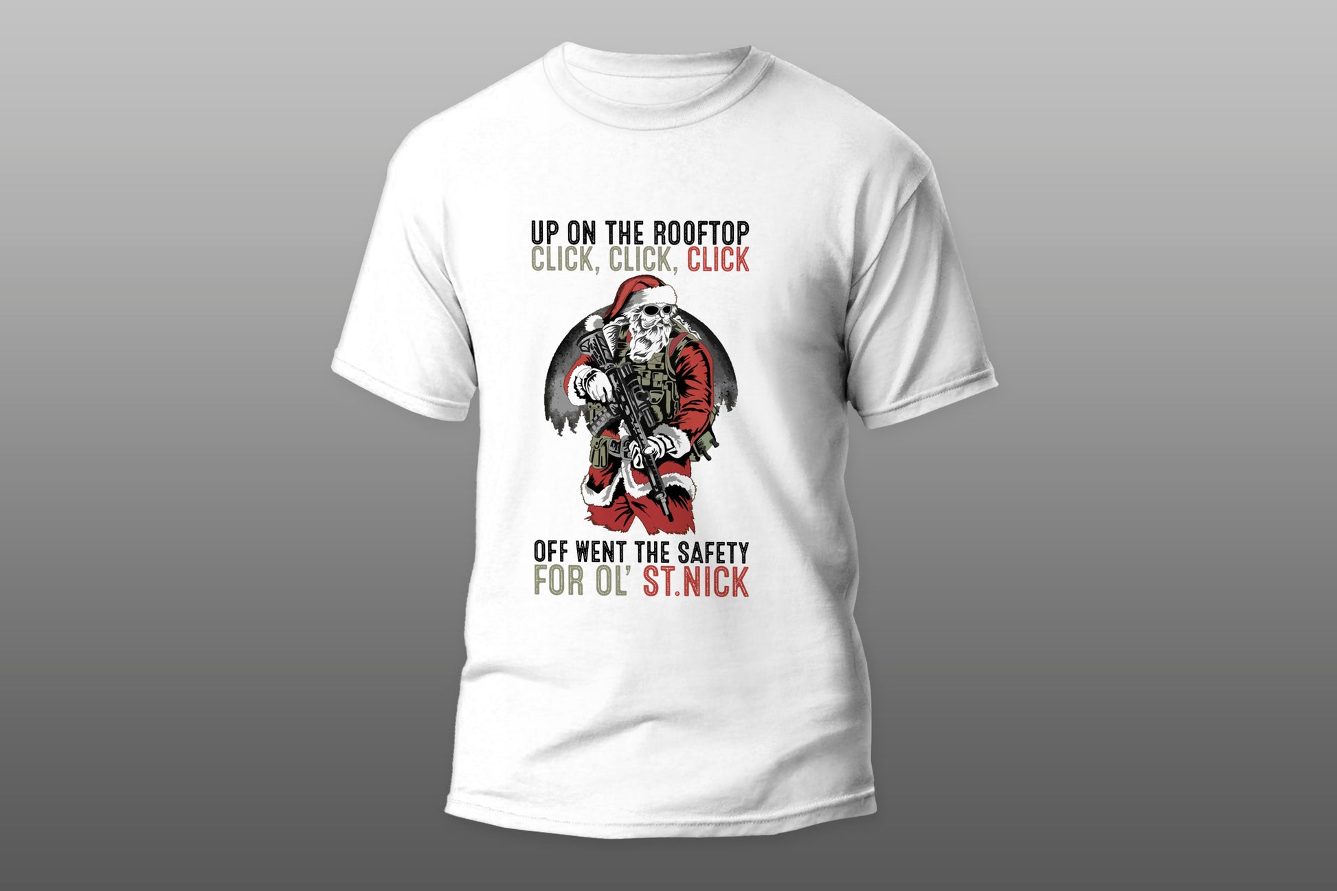 Santa Clous with gun funny gift camiseta T-shirt - Top Content | POD Collection | Free Shipping