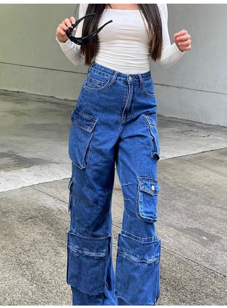 Blue High Waist Baggy Jeans, Flap Pocket Jeans, Relaxed Fit Straight Wide Leg Y2K Pants, Fashion Cargo Jeans, Casual Slim Loose Trousers