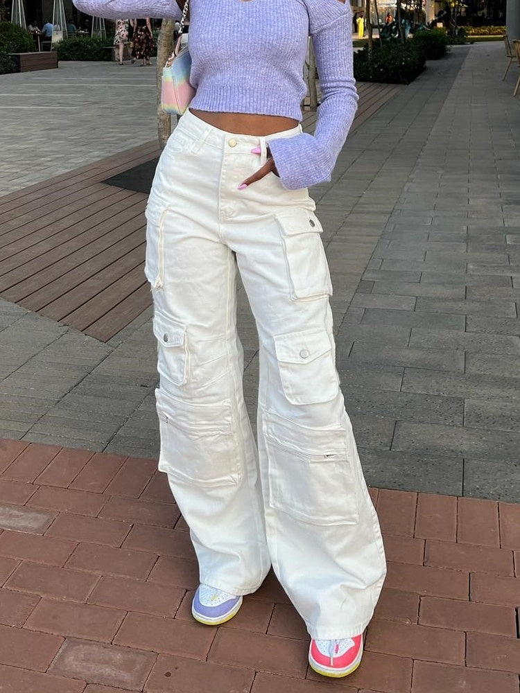 White High Waist Baggy Jeans, Flap Pocket Jeans, Relaxed Fit Straight Wide Leg Y2K Pants, Fashion Cargo Jeans, Casual Slim Loose Trousers