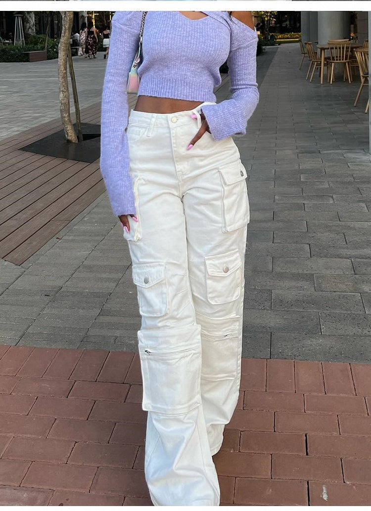 White High Waist Baggy Jeans, Flap Pocket Jeans, Relaxed Fit Straight Wide Leg Y2K Pants, Fashion Cargo Jeans, Casual Slim Loose Trousers