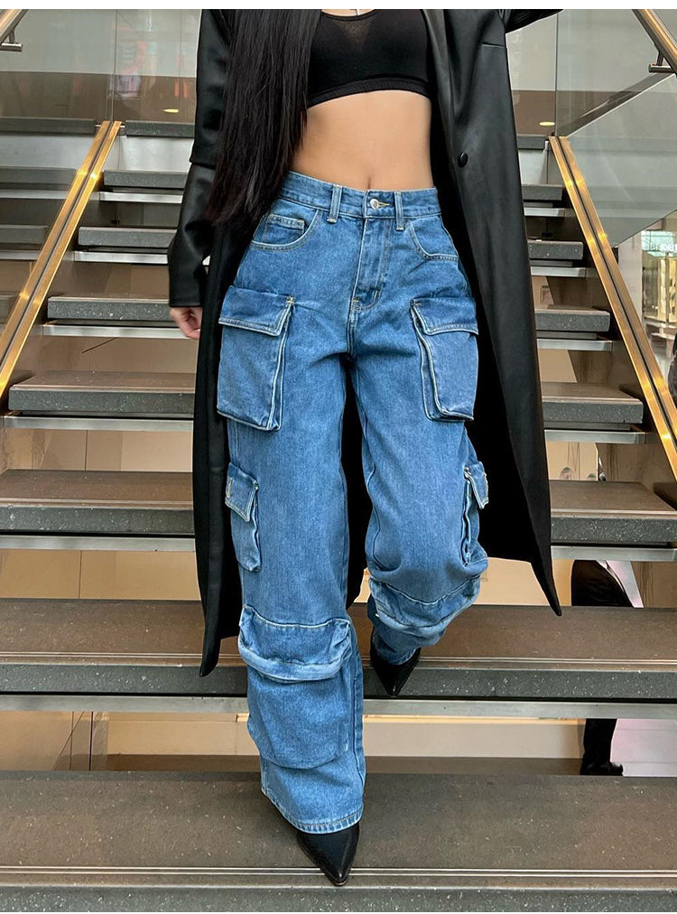 Blue High Waist Baggy Jeans, Flap Pocket Jeans, Relaxed Fit Straight Wide Leg Y2K Pants, Fashion Cargo Jeans, Casual Slim Loose Trousers