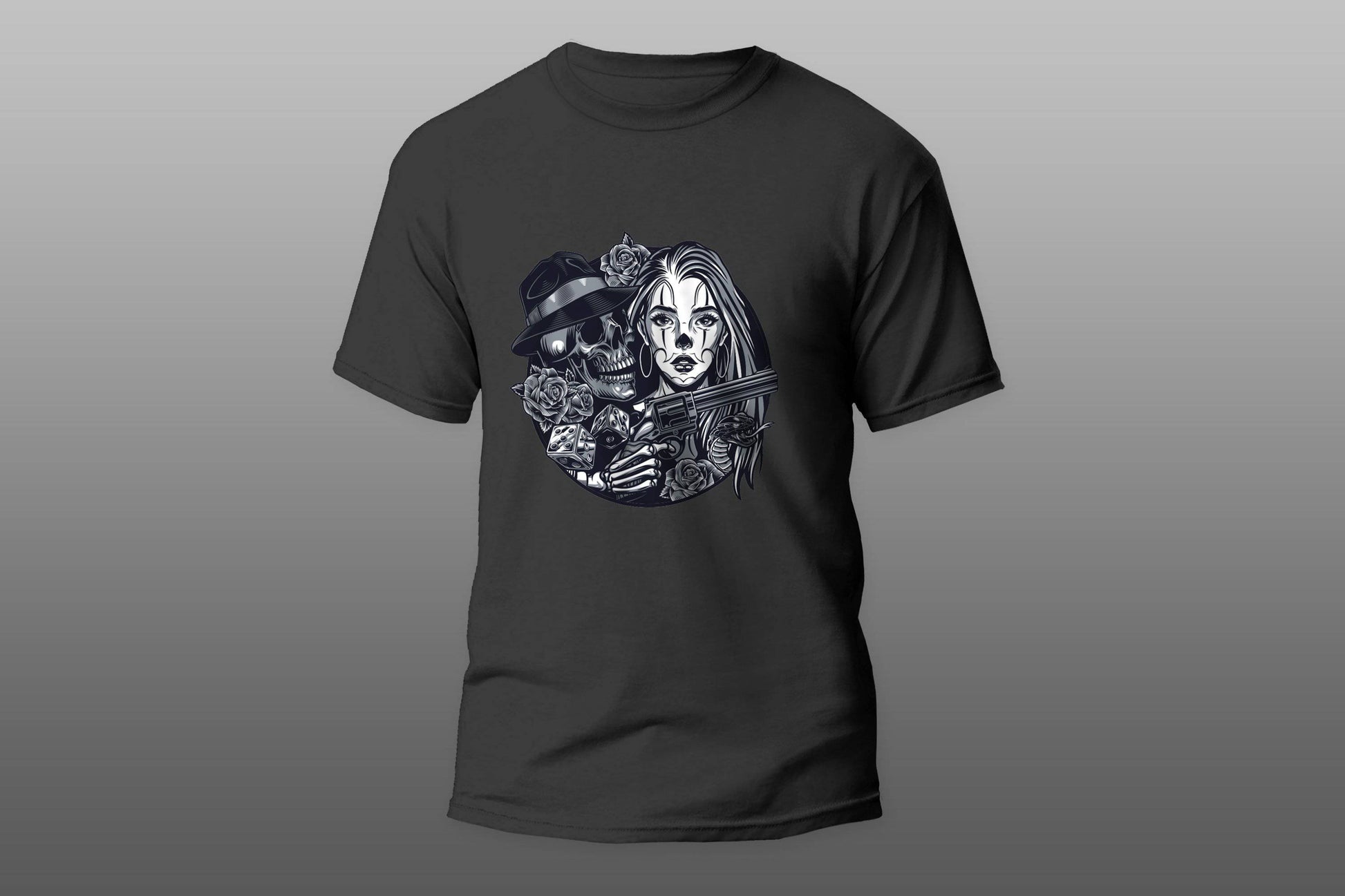 Skull and a girl with gun T-shirt - Top Content | POD Collection | Free Shipping