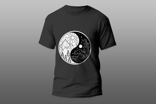 Yin and yang with landscape monoline badge camiseta T-shirt - Top Content | POD Collection | Free Shipping