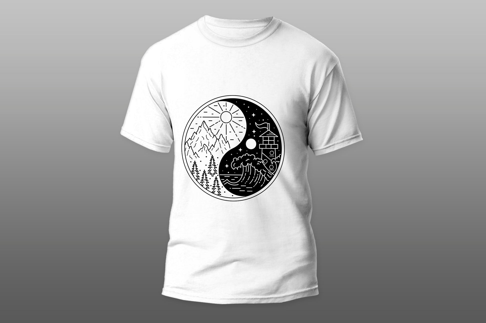 Yin and yang with landscape monoline badge camiseta T-shirt - Top Content | POD Collection | Free Shipping