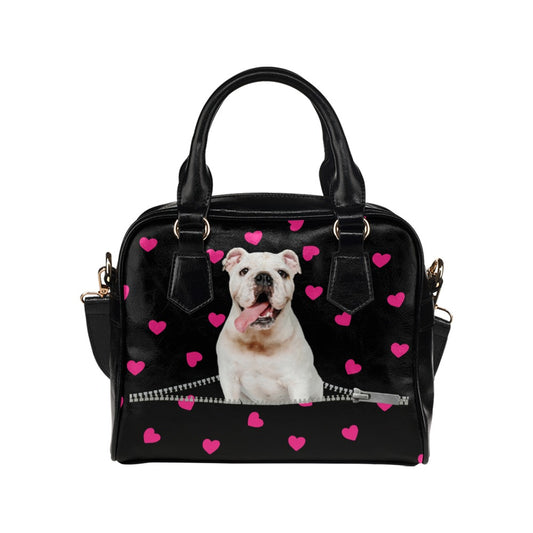 Bulldog Puppy Zip Hearts Shoulder Handbag