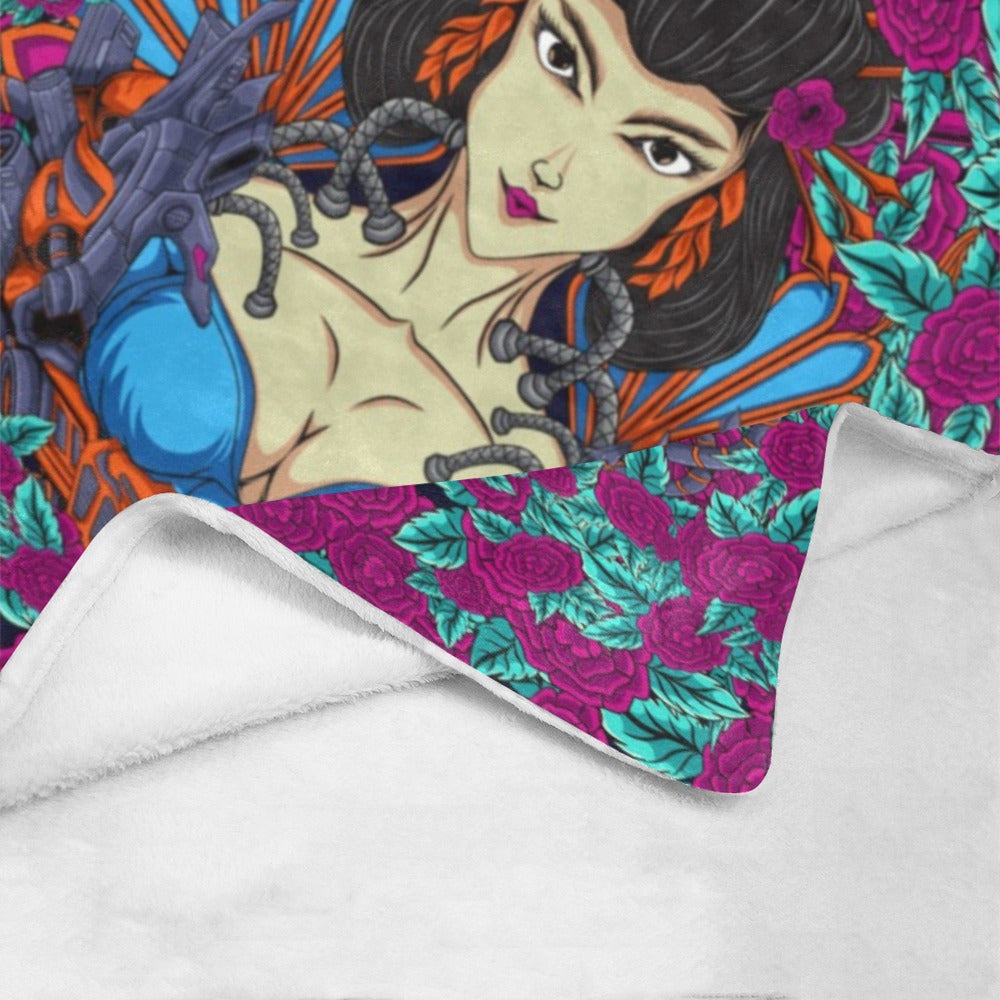 Japanese Geisha Woman Illustration With Flowers Ultra-Soft Micro Fleece Blanket 60"x80"