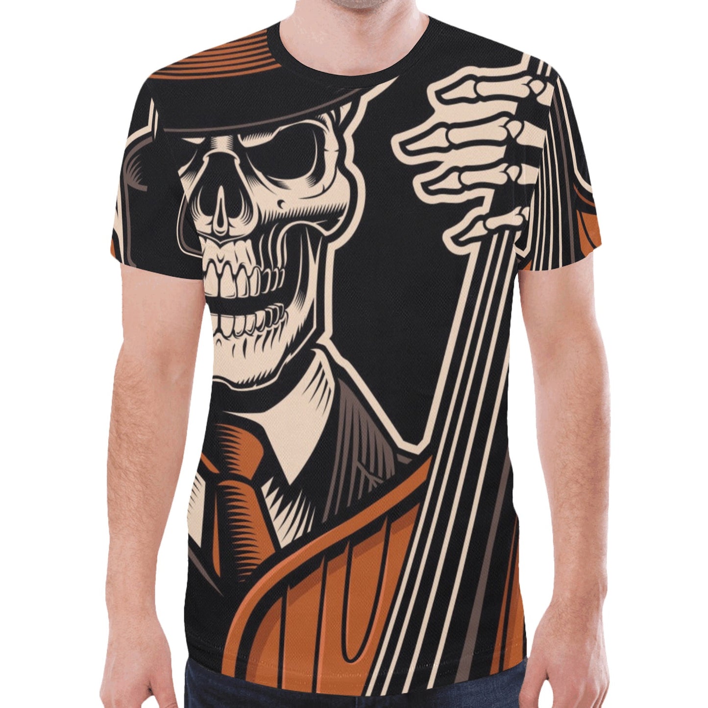 Skeleton With Double Bass Tattoo Jazzman New All Over Print T-shirt