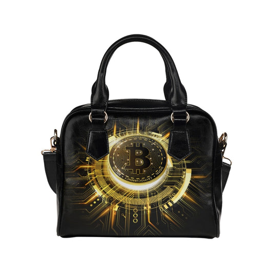 Golden Bitcoin Cryptocurrency Futuristic 3D Shoulder Handbag