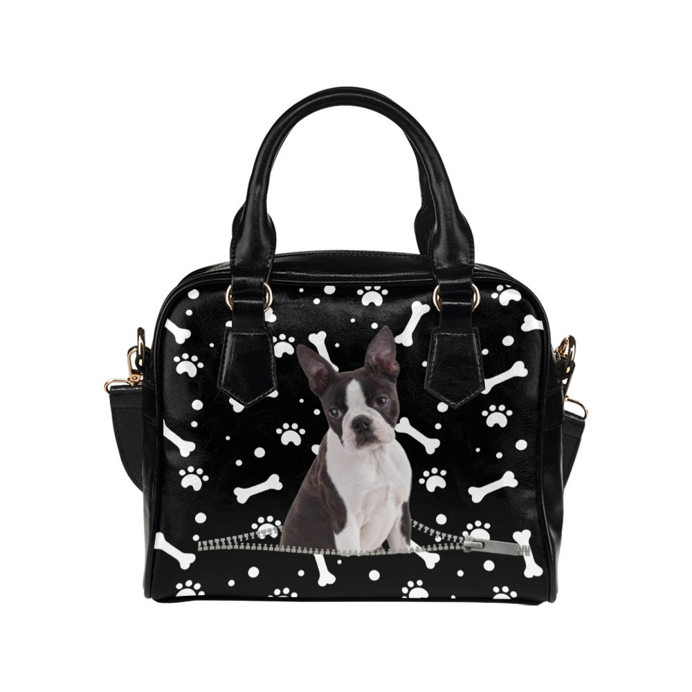 Boston Terrier Dog Zip Paws and Bones Shoulder Handbag