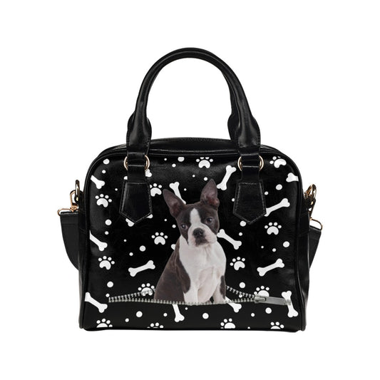 Boston Terrier Dog Zip Paws and Bones Shoulder Handbag