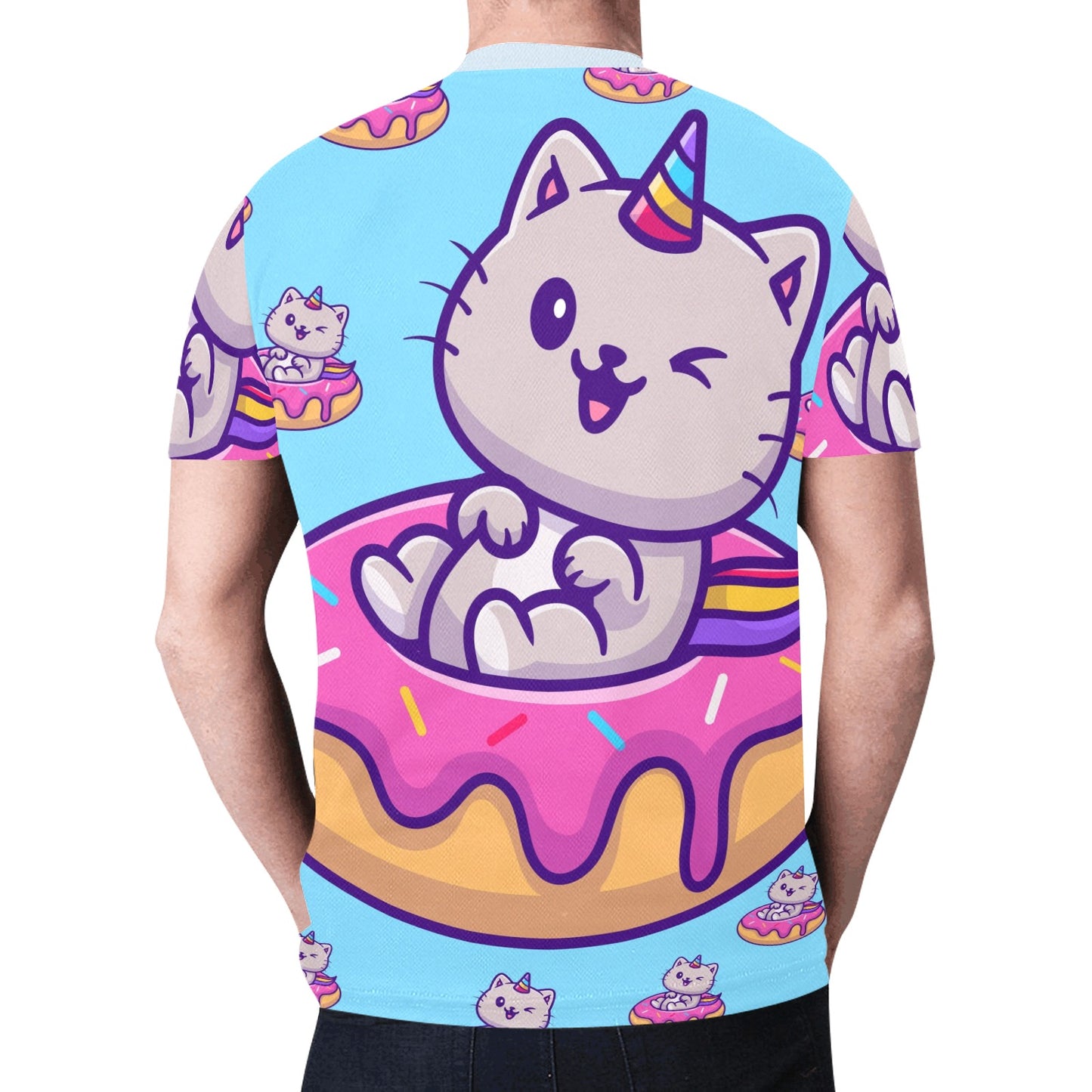 Cat doughnut unicorn blue cartoon New All Over Print T-shirt