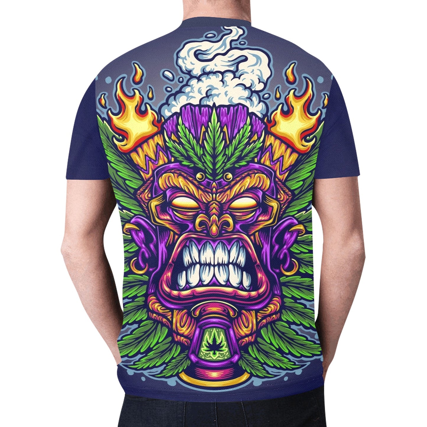 Angry Tiki Trippy Marijuana Leaf and Cloud Illustrations New All Over Print T-shirt