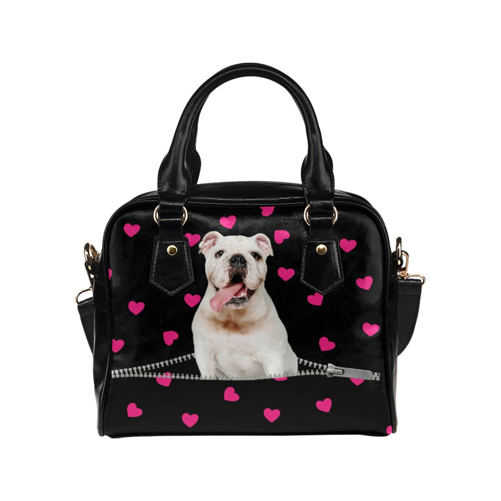 Bulldog Puppy Zip Hearts Shoulder Handbag