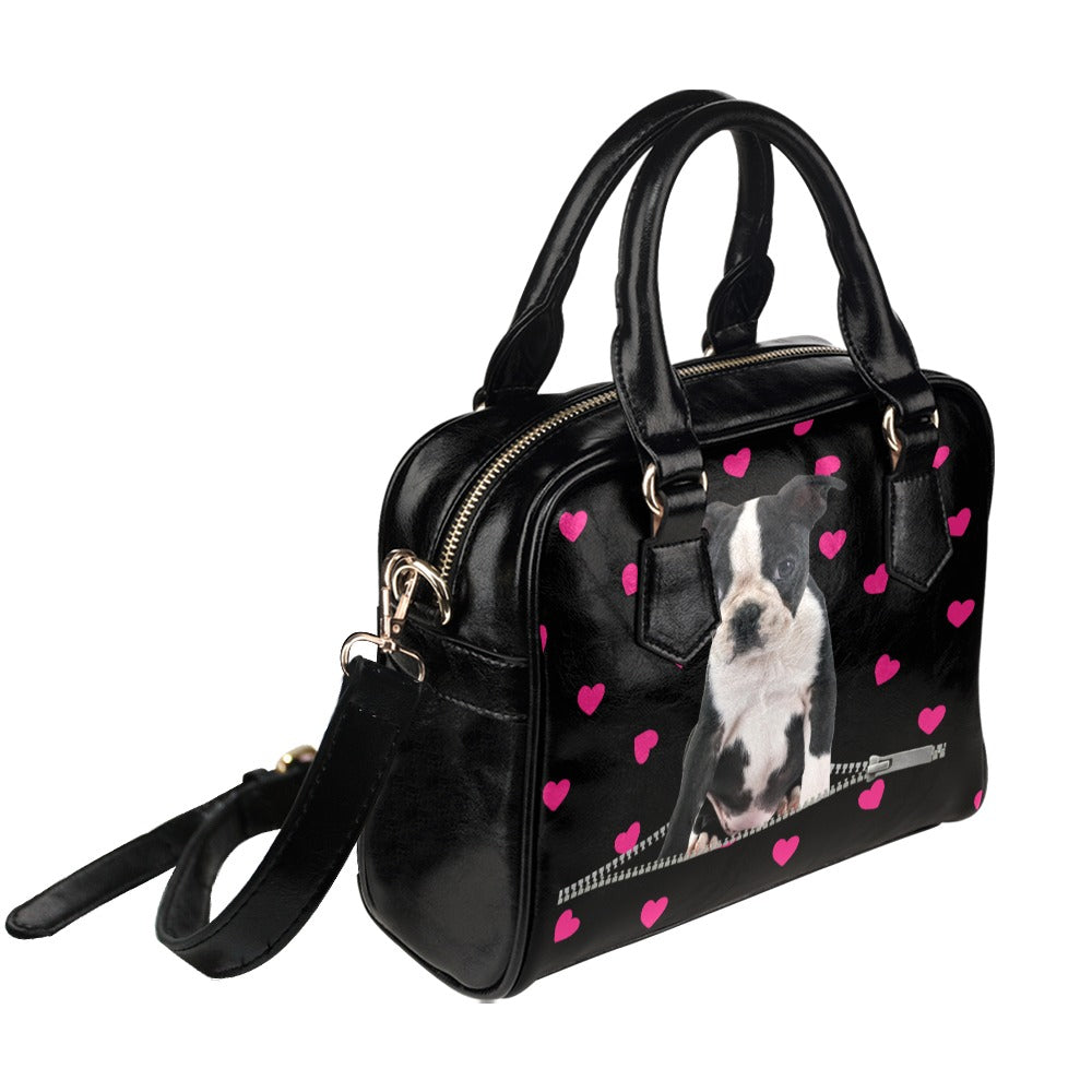 Boston Terrier Zip Hearts Shoulder Handbag