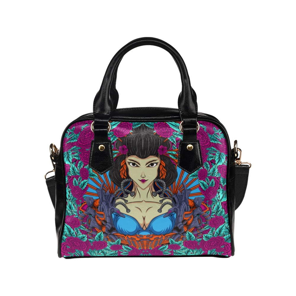 Japanese Geisha Woman Illustration With Flowers Shoulder Handbag