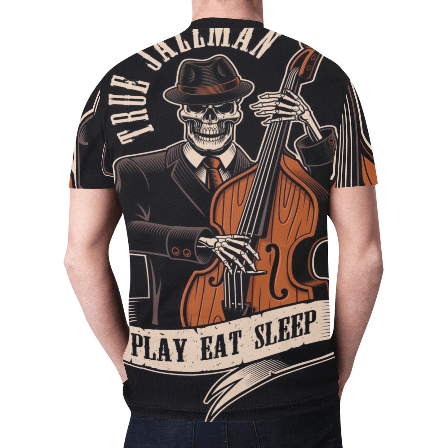 Skeleton With Double Bass Tattoo Jazzman New All Over Print T-shirt