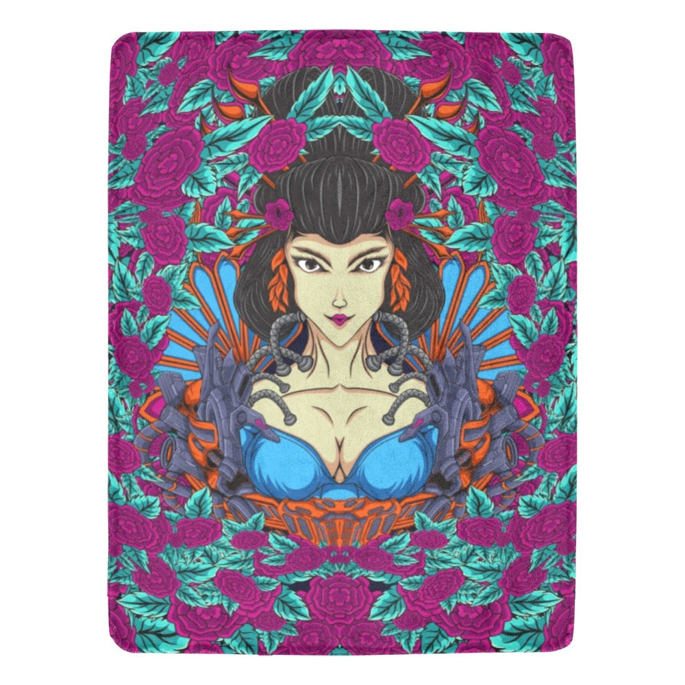 Japanese Geisha Woman Illustration With Flowers Ultra-Soft Micro Fleece Blanket 60"x80"