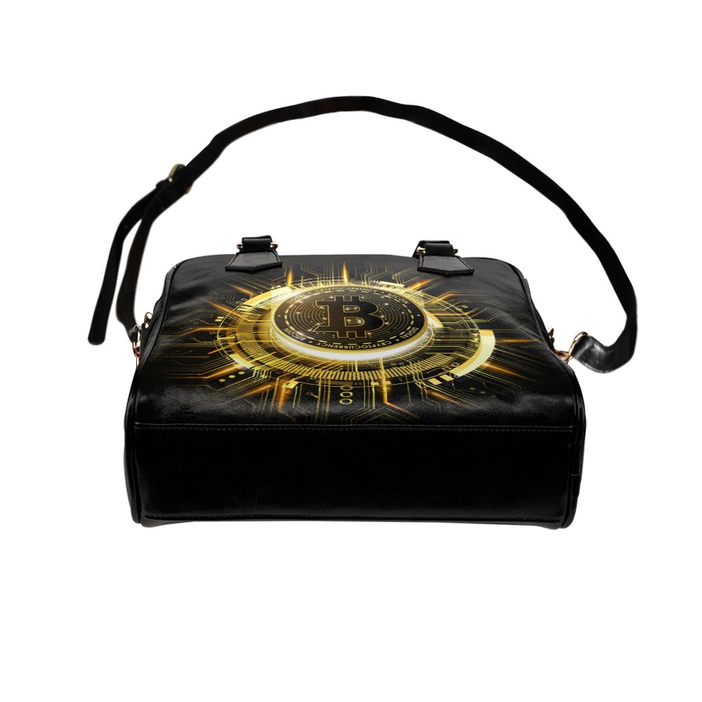 Golden Bitcoin Cryptocurrency Futuristic 3D Shoulder Handbag