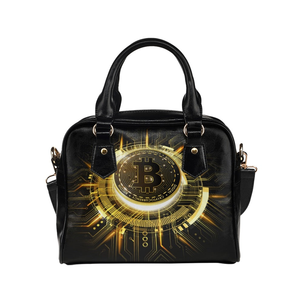 Golden Bitcoin Cryptocurrency Futuristic 3D Shoulder Handbag