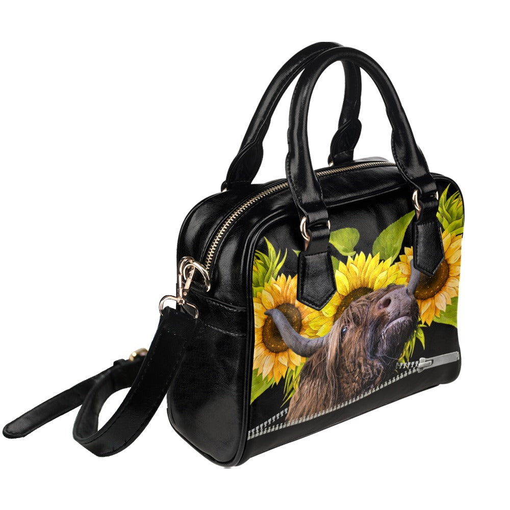 Highland cow Sunflowers Shoulder Handbag