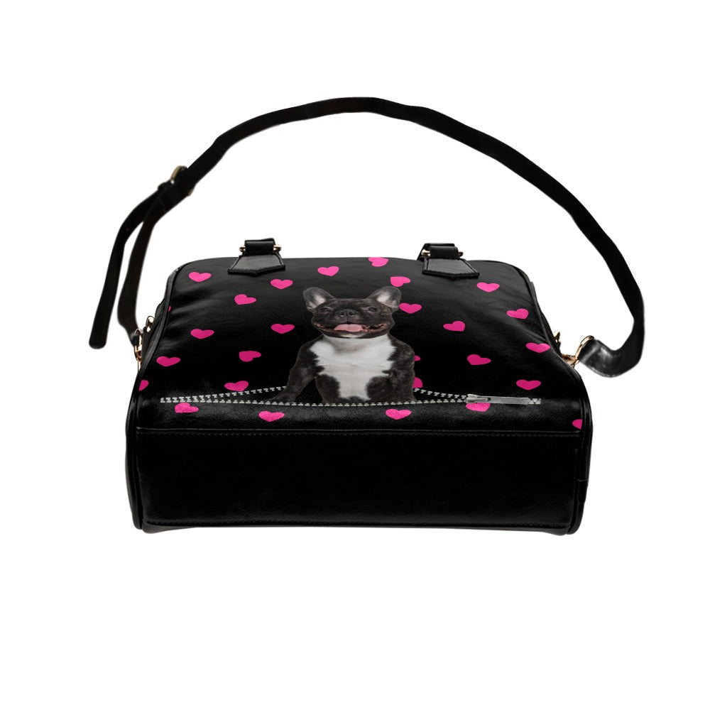 French Bulldog Zip Hearts Shoulder Handbag