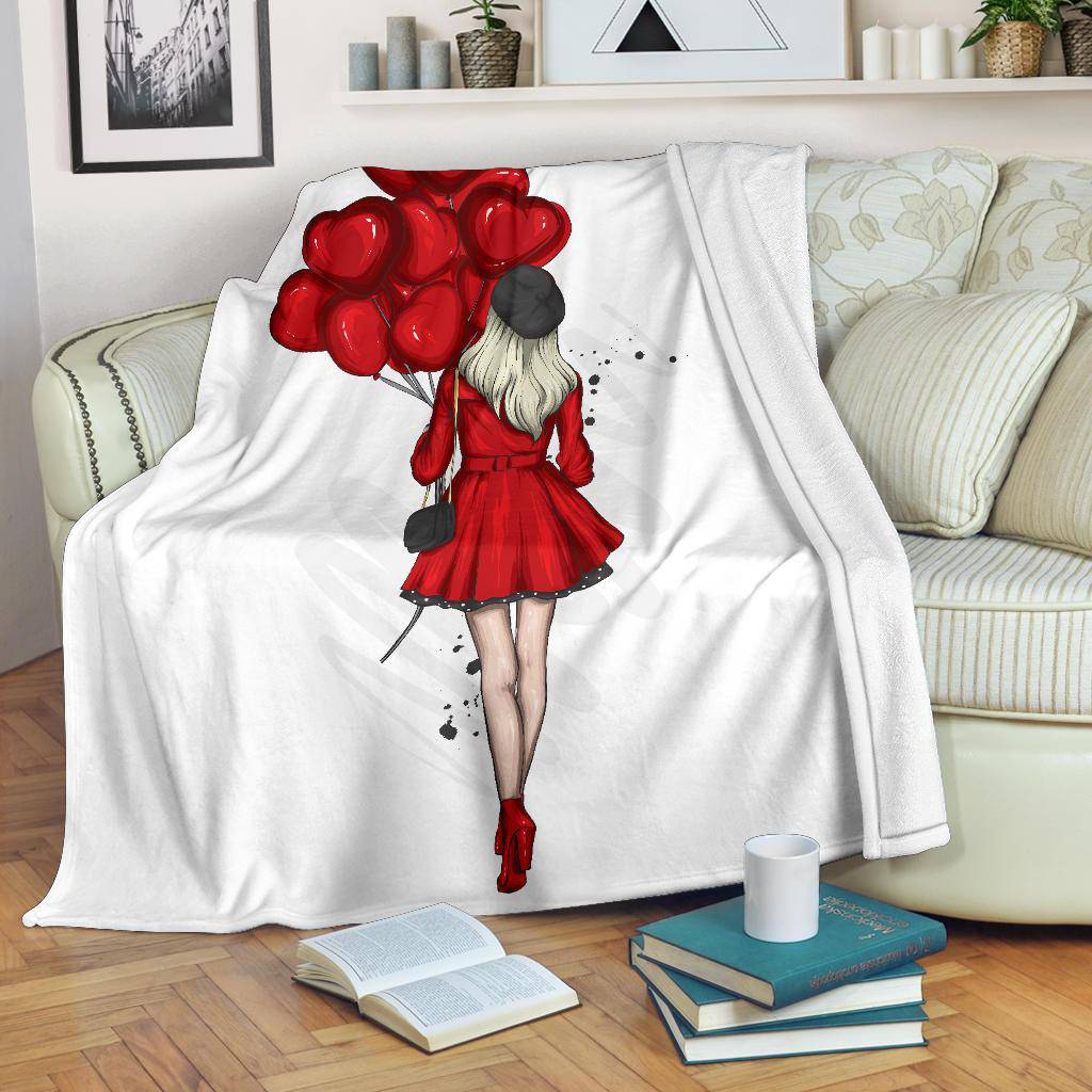 Premium Blanket Stylish Beautiful Girl With Heart Ballons - Top Content | POD Collection | Free Shipping