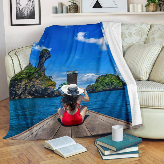 Thailand Island Girl Boat View Premium Blanket - Top Content | POD Collection | Free Shipping