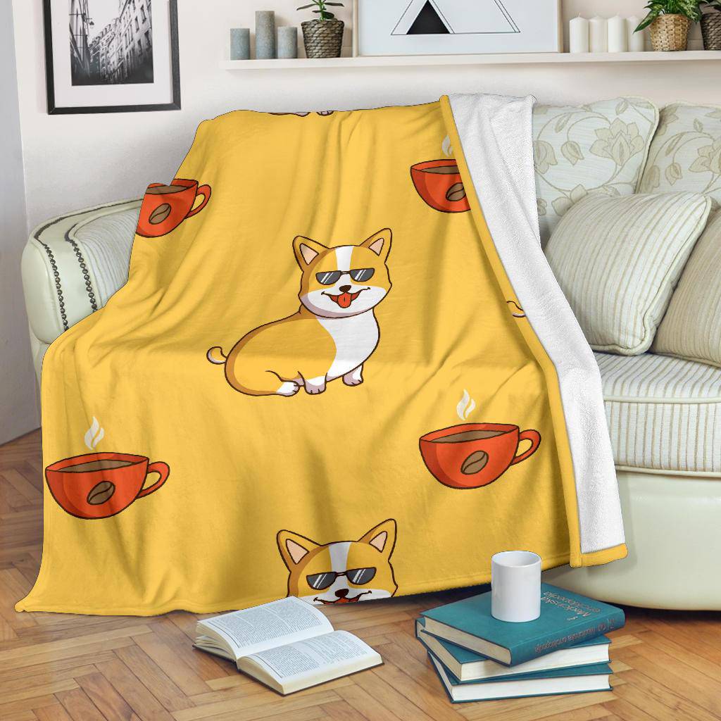 Cool Corgi Cartoon WIth Coffee Cup Premium Blanket - Top Content | POD Collection | Free Shipping