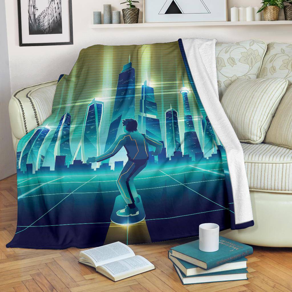 Skateboard Man Future Metropolis City Premium Blanket - Top Content | POD Collection | Free Shipping