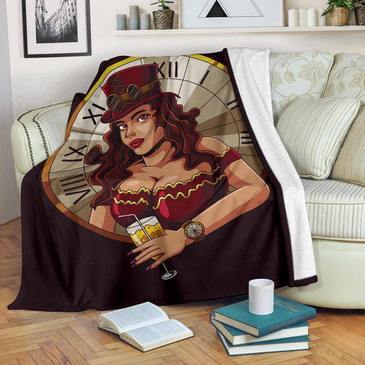 Premium Blanket Steampunk Girl Clock Illustration Cartoon - Top Content | POD Collection | Free Shipping