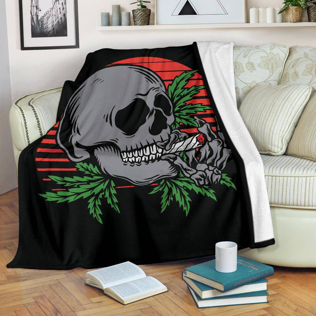 Skull Premium Blanket, Red Moon Weed Smoking Cartoon Illustration - Top Content | POD Collection | Free Shipping