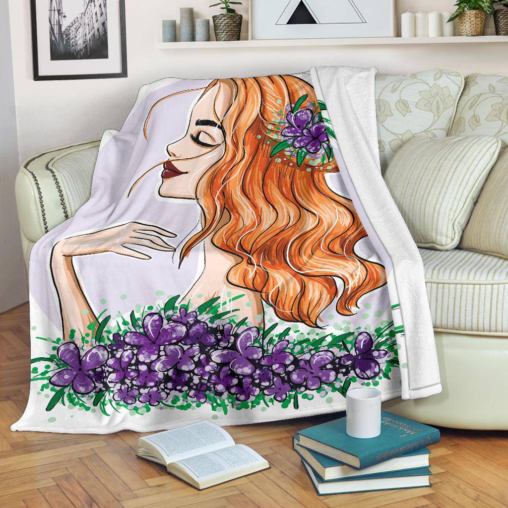 Beautiful Girl with Red Waved Hair and the Flowers in the Head Premium Blanket - Top Content | POD Collection | Free Shipping