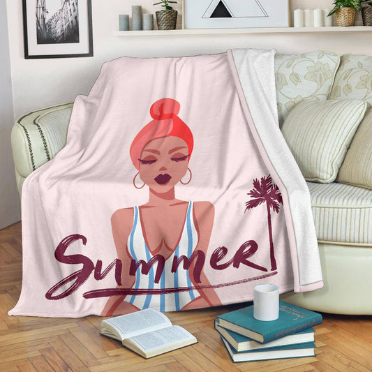 Summer Girl Premium Blanket, Beautiful Cartoon Drawing - Top Content | POD Collection | Free Shipping