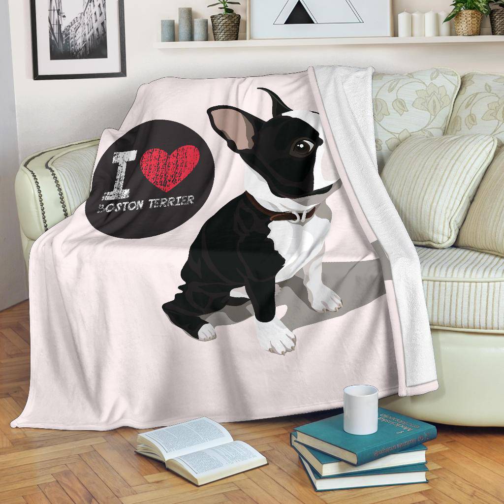 I Love Boston Terrier, Dog Cartoon Illustration Premium Blanket - Top Content | POD Collection | Free Shipping