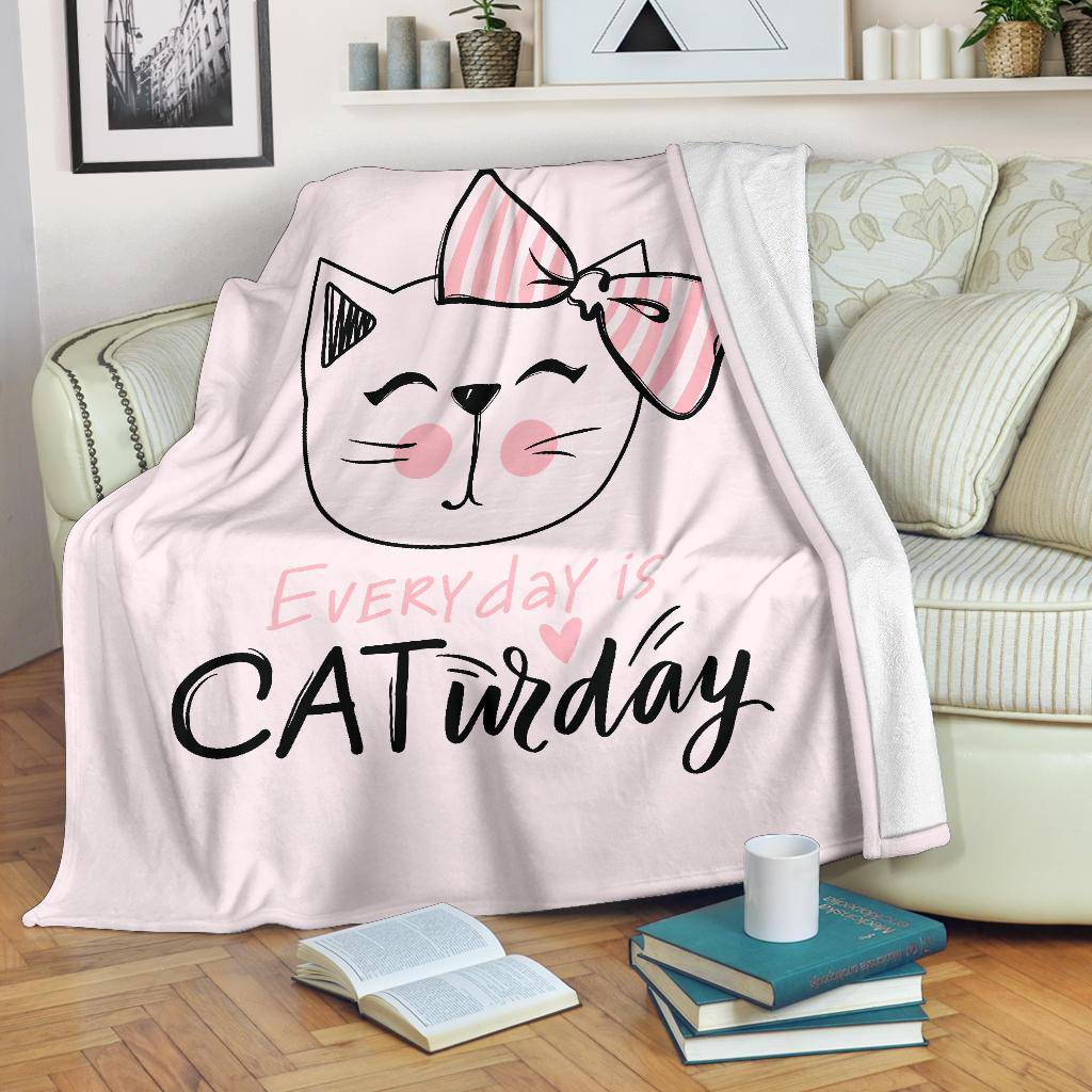 Cute Cat Drawing Quote Premium Blanket, Everyday Is Caturday - Top Content | POD Collection | Free Shipping