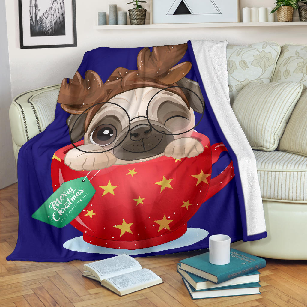 cute doodle pug christmas day blue blanket - Top Content | POD Collection | Free Shipping