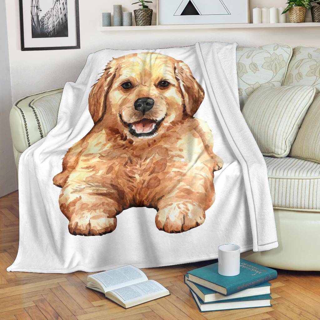 Golden Retriever Puppy Premium Blanket, Hand Drawn Watercolour Dog - Top Content | POD Collection | Free Shipping